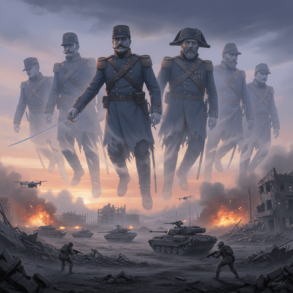 Giant spectral figures of 19th-century soldiers looming over a modern-day war zone with tanks.