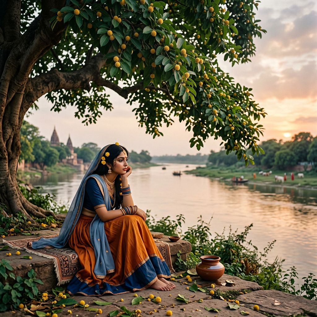 A woman in traditional Indian attire sitting barefoot on a stone platform by a river at sunset