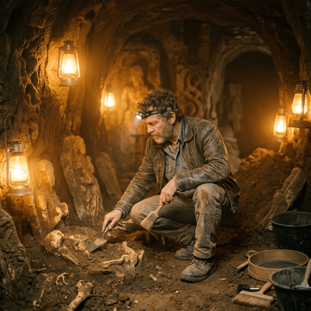 Archaeologist excavating skeletal remains inside a cave with lanterns for light